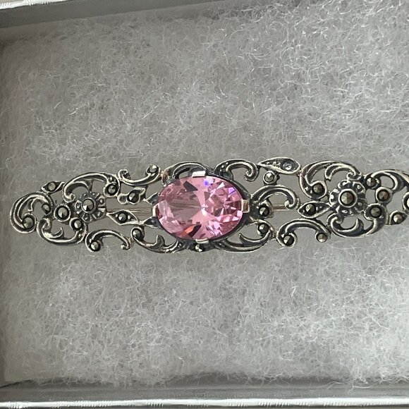 Pink stone & Marcasite 925 Sterling Silver Vintage brooch - Picture 1 of 7